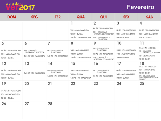 Calendário Arena de Verão 2017 fevereiro CORRETA (Foto: Arte/RBS TV)