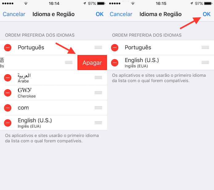 Opção para excluir opções de idiomas do iOS (Foto: Reprodução/Marvin Costa)