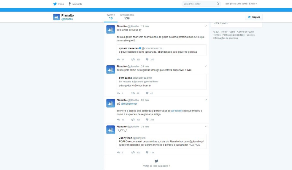 Página do Planalto no Twitter depois de novo administrador ter assumido o perfil '@planalto' (Foto: Reprodução / Twitter)