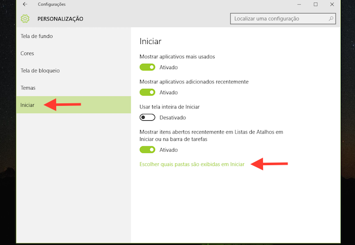 Acessar a página de configuração de pastas do menu iniciar do Windows 10 (Foto: Reprodução/Marvin Costa)