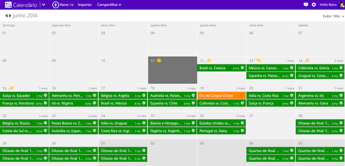Calendário do Outlook.com com todos os jogos da Copa (Foto: Reprodução/Helito Bijora)