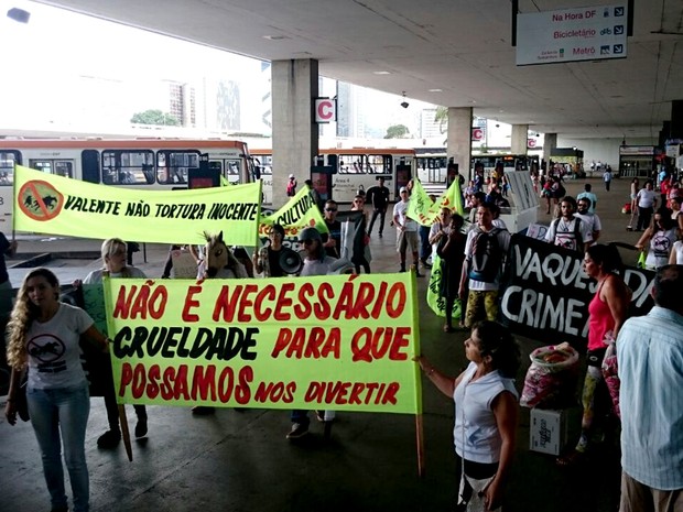 Grupo carrega faixas com mensagens contrárias à vaquejada durante protesto na rodoviária do Plano Piloto neste domingo (27), em Brasília (Foto: Thiago Vilela/Arquivo Pessoal)