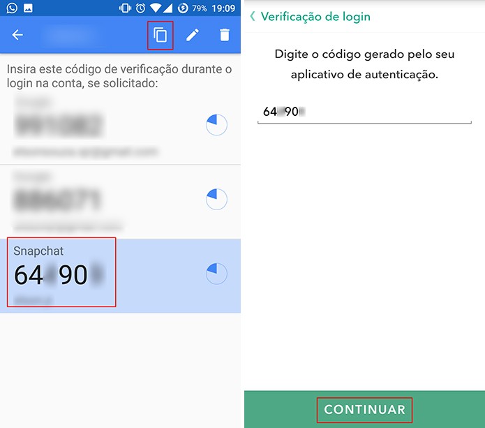 Copie código no Google Authenticator e cole no Snapchat (Foto: Reprodução/Elson de Souza)