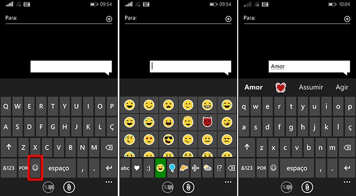 Windows Phone tem emoticons embutidos no teclado e também na previsão de escrita (Foto: Reprodução/Elson de Souza)