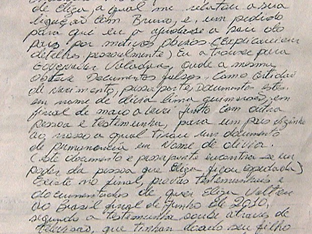Trecho da carta que relata Eliza Samudio saiu do país com nome falso (Foto: Reprodução/TV Globo)