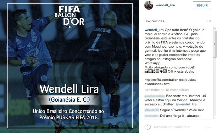Wendell Lira lança campanha por voto nas redes sociais (Foto: Reprodução/Instagram)