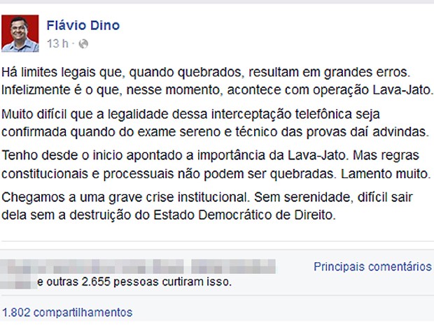 Declarações do governador Flávio Dino (PCdoB) no Facebook (Foto: Reprodução/Facebook/Flávio Dino)