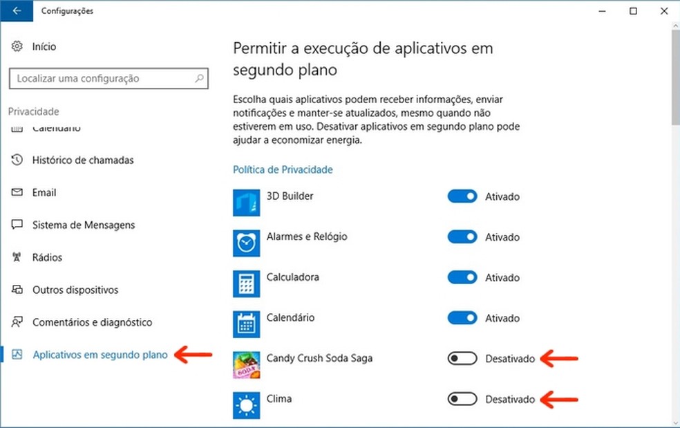 Desativação de aplicativos em segundo plano no Windows 10 (Foto: Reprodução/Raquel Freire)