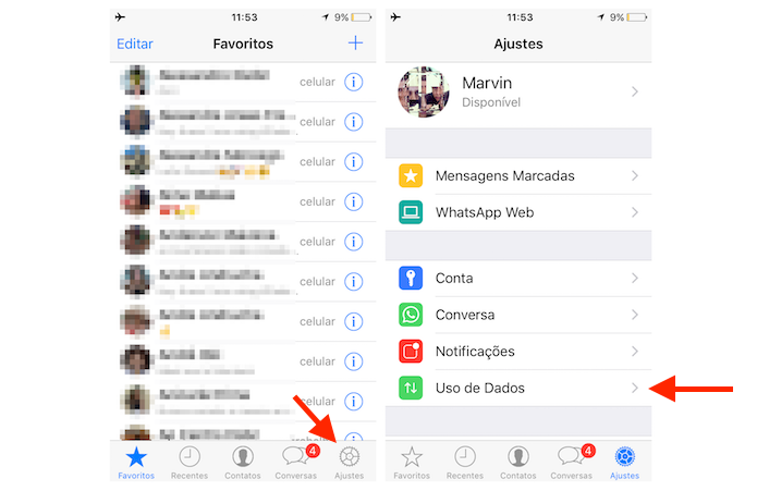 Acessando as configurações de plano de dados do WhatsApp para iPhone (Foto: Reprodução/Marvin Costa)