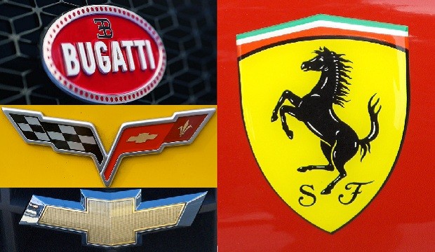 Logos da Bugatti, Corvette, Chevrolet e Ferrari (Foto: Reprodução/Facebook e evercool, Marcin Wichary e Charles Williams/Flickr)