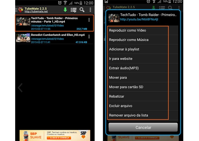 Menu de opções dos vídeos salvos no Tubemate (Foto: Reprodução/Barbara Mannara)