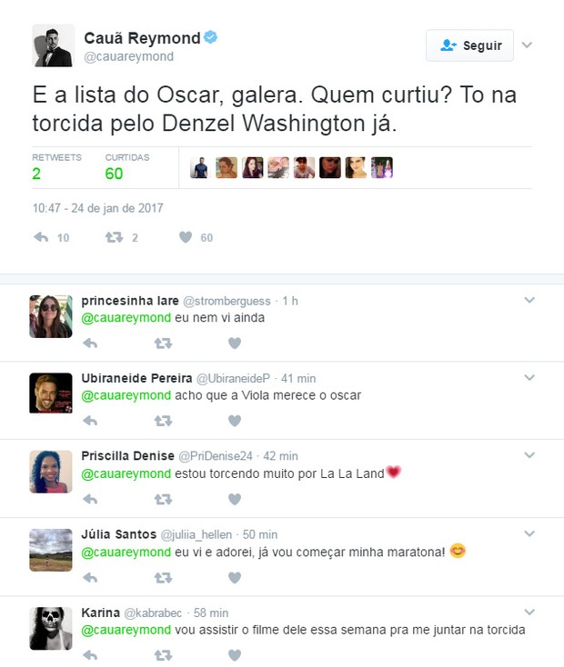 Cauã Reymond faz comentário no Twitter sobre o Oscar (Foto: Reprodução / Twitter)