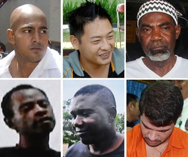 Montagem com fotos de seis dos oito executados à morte por tráfico na Indonésia na terça (28): acima, a partir da esquerda, os australianos Myuran Sukumaran e Andrew Chan o nigeriano Martin Anderson. Abaixo, os nigerianos Jamiu Owolabi Abashin e Sylvester (Foto: AFP Photo)