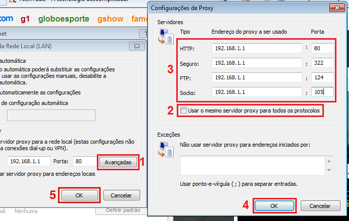 Colocando as configurações de proxy para diferentes serviços no Internet Explorer (Foto: Reprodução/Edivaldo Brito)