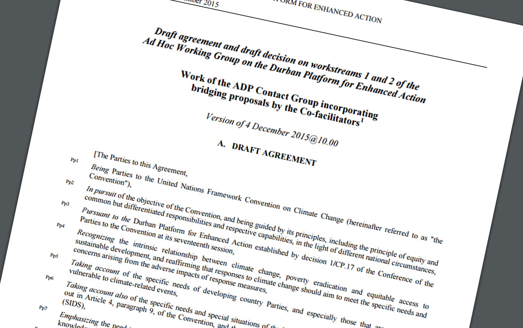 Rascunho do acordo que pode sair da COP 21 (Foto: Rprodução/UNFCCC)