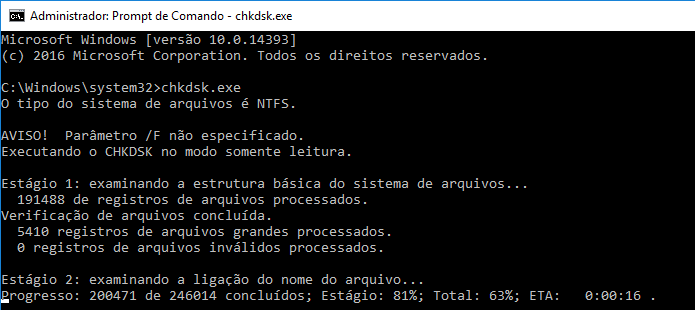 Usando o chkdsk sem parâmetros no Prompt de Comando (Foto: Reprodução/Edivaldo Brito)