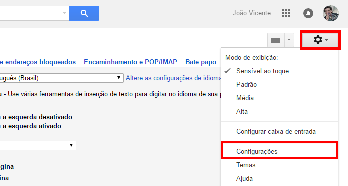 Informações de configuração estão nas opções do Gmail (Foto: Reprodução/Google)