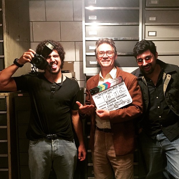 Caio Castro, Nelson Freitas e Vitor Frad em bastidores de gravação de filme (Foto: Instagram/ Reprodução)