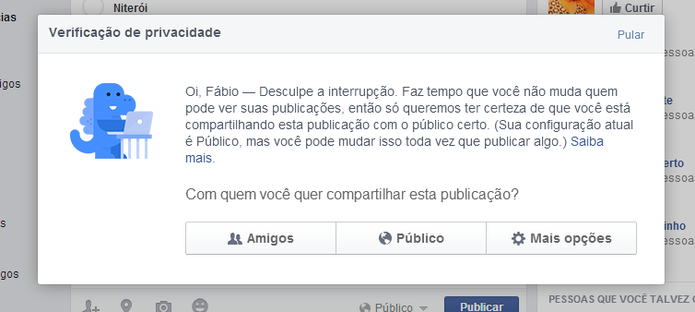 Dinossauro vai ajudar usuários a postarem conteúdo no Facebook somente para quem quiserem (Foto: Reprodução/Elson de Souza) Dinossauro vai ajudar usuários a postarem conteúdo no Facebook somente para quem quiserem (Foto: Reprodução/Elson de Souza)