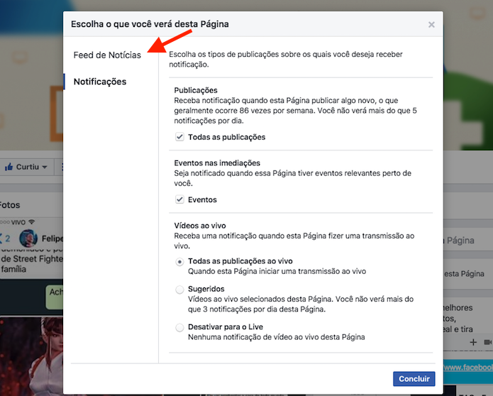 Opção para ativar notificações de atividades de uma página no Facebook (Foto: Reprodução/Marvin Costa)