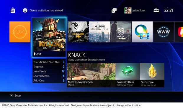 Menu de games do PlayStation 4, onde o jogador poderá selecionar os games que deseja jogar tanto em disco quanto os que estão armazenados no disco rígido (Foto: Divulgação)
