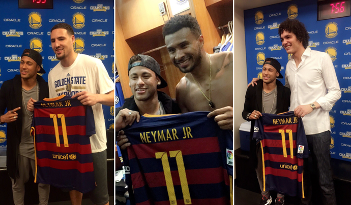 Neymar entrega camisa do Barcelona para Klay Thompson, Leandrinho e Anderson Varejão (Foto: Twitter Golden State Warriors)