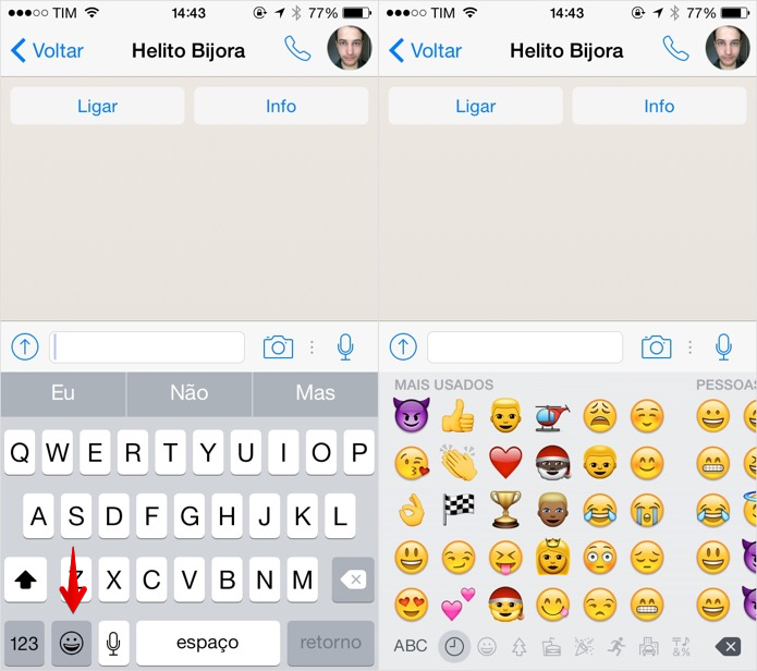 Acessando o teclado de Emojis no iOS (Foto: R) Acessando o teclado de Emojis no iOS (Foto: R)