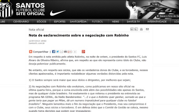Nota oficial Santos Robinho (Foto: Reprodução / Site oficial do Santos Futebol Clube)