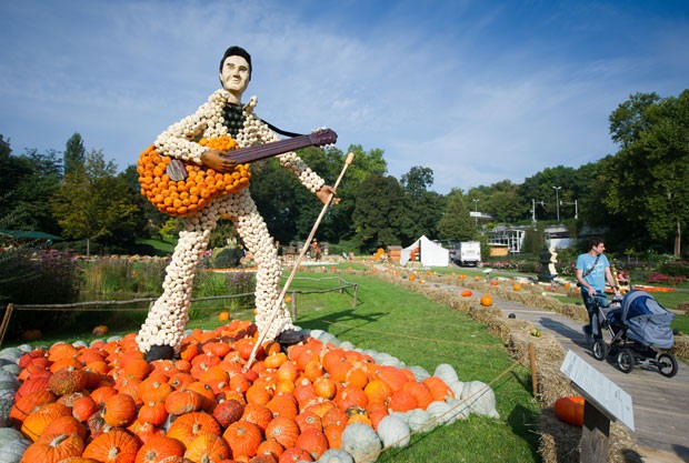 Uma escultura da lenda do rock Elvis Presley feita com abóboras é uma das atrações da 15ª edição de uma feira do vegetal em Ludwigsburg, na Alemanha (Foto: Inga Kjer/DPA/AFP)