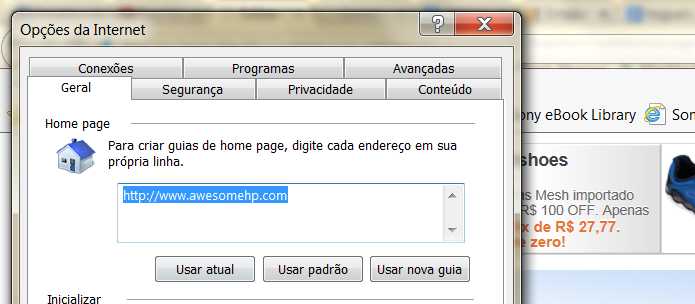 Remova o endereço do malware e insira um novo para alterar sua página principal