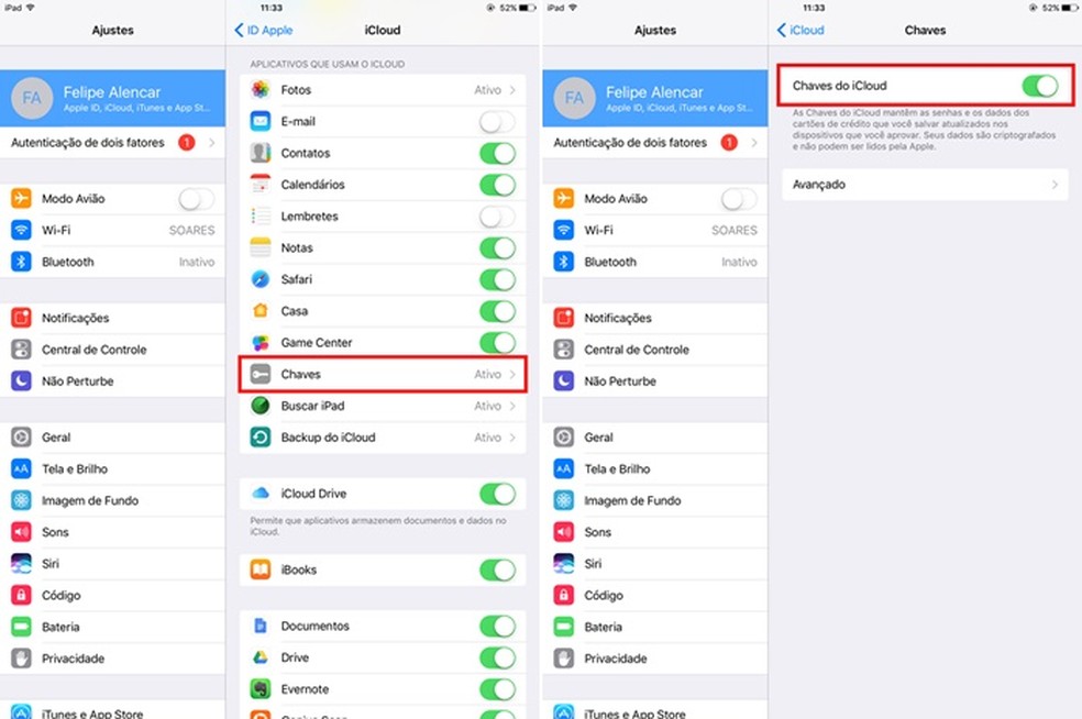 Ativando o recurso Chaves do iCloud no iPhone ou iPad (Foto: Reprodução/Felipe Alencar)