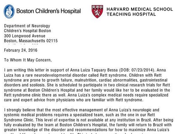 Carta enviada pelo Boston Hospital para que Anna Luiza obtivesse liberação para a viagem aos EUA, Goiás (Foto: Arquivo pessoal)