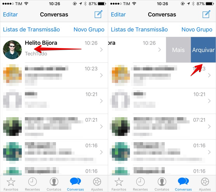Arquivando uma conversa no iOS (Foto: Reprodução/Helito Bijora)