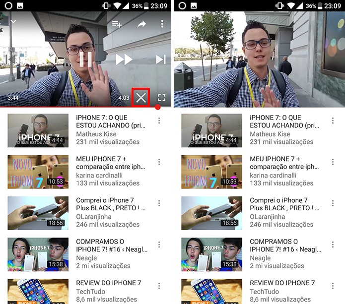 Toque no X para fechar controles de reprodução no vídeo do YouTube (Foto: Reprodução/Elson de Souza)