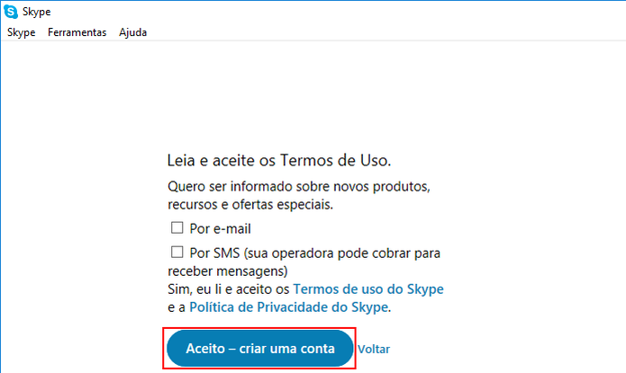 Aceitando os termos de uso do Skype (Foto: Reprodução/Edivaldo Brito) (Foto: Aceitando os termos de uso do Skype (Foto: Reprodução/Edivaldo Brito)) Aceitando os termos de uso do Skype (Foto: Reprodução/Edivaldo Brito) (Foto: Aceitando os termos de uso do Skype (Foto: Reprodução/Edivaldo Brito))