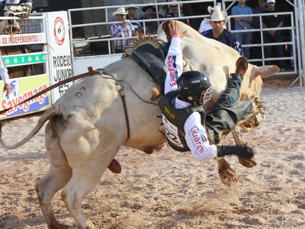 Peão cai de touro em Rodeio Júnior de Barretos  (Foto: Clayton Castelani/ G1)