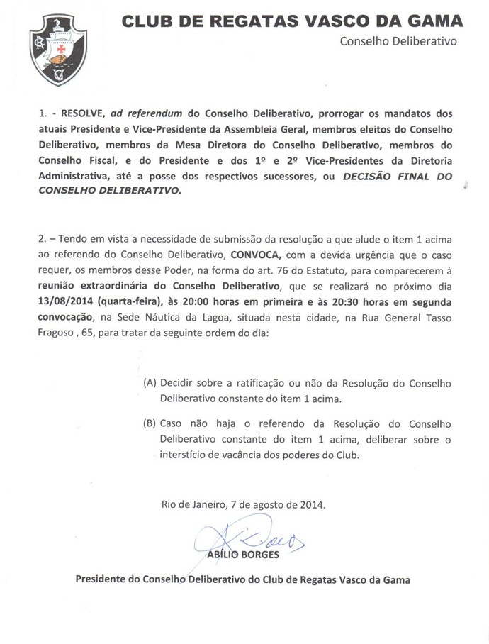 Convocação para reunião do Conselho Deliberativo - Vasco - PAG 2 (Foto: Reprodução)