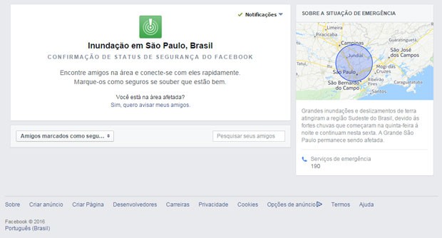 Facebook ativa 'status de segurança' para usuários atingidos pela chuva em SP; é a primeira vez que sistema vai ao ar no Brasil. (Foto: Reprodução/Facebook)