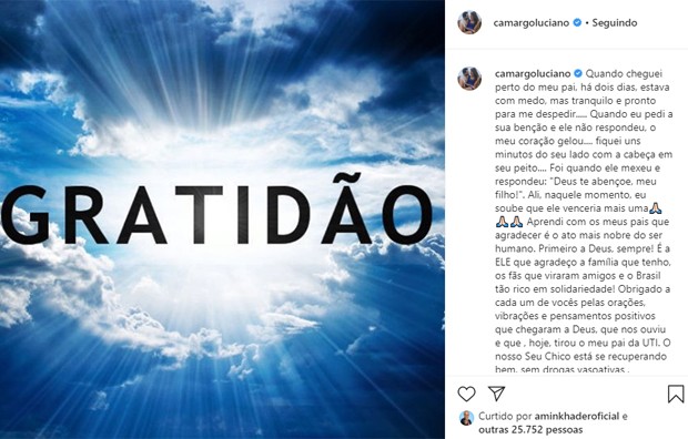 Luciano Camargo fala sobre a saúde do pai, Francisco (Foto: Reprodução/Instagram) Luciano Camargo fala sobre a saúde do pai, Francisco (Foto: Reprodução/Instagram)