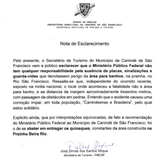 Ofício publicado no site da Prefeitura de Canindé de São Francisco (Foto: Reprodução / Site oficial da prefeitura)