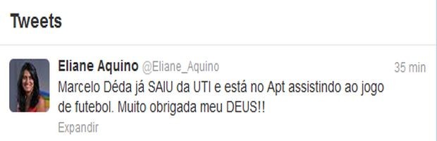 Eliane postou que Déda saiu da UTI e está asssistindo jono no quarto do hospital (Foto: Reprodução/Twitter)