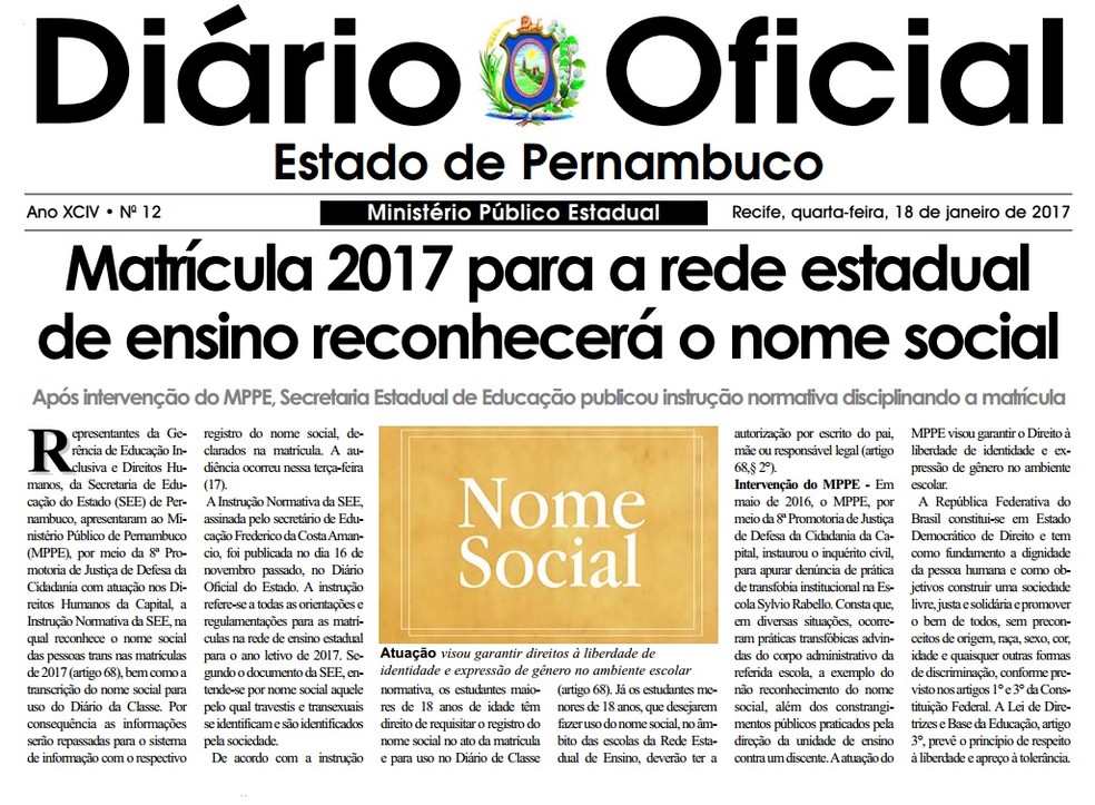 Medida garante us de nome social por estudantes trans e travestis (Foto: Reprodução/Diário Oficial de Pernambuco)