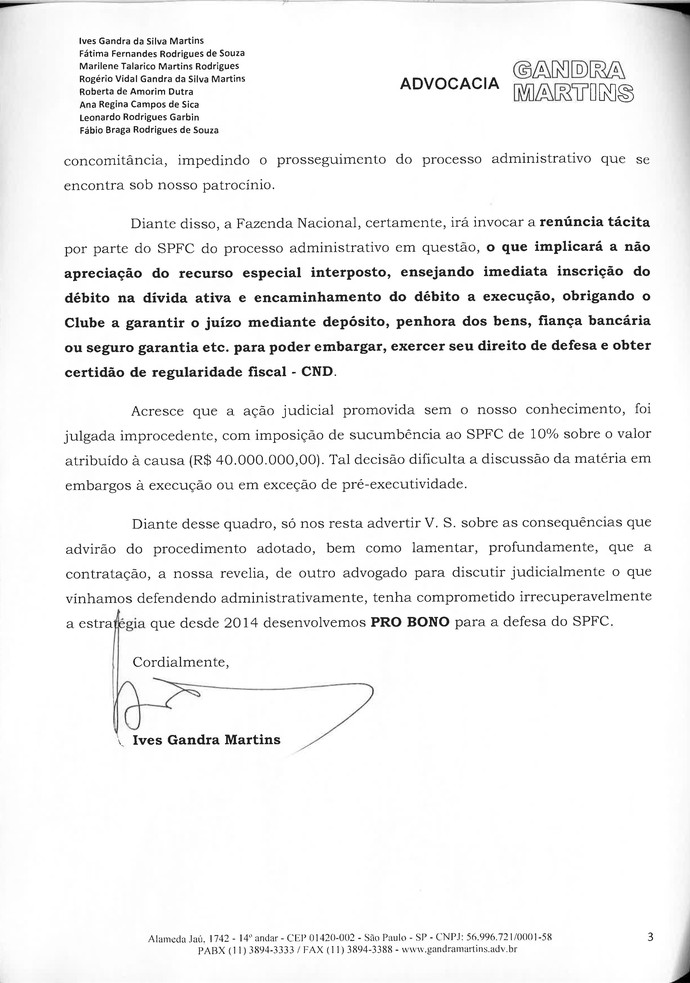 Carta Ives Gandra para Leco São Paulo 3 (Foto: Arte: GloboEsporte.com)
