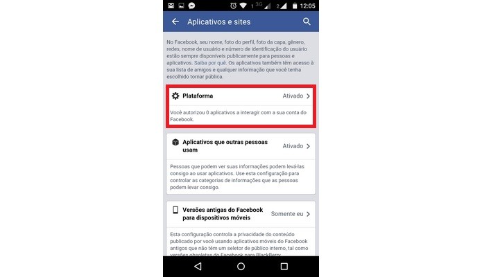 Opção Plataforma do Facebook é configurada como ativada por padrão (Foto: Reprodução/Raquel Freire)