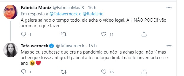 Tatá Werneck se defende de críticas após curtir vídeo (Foto: Reprodução/Twitter) Tatá Werneck se defende de críticas após curtir vídeo (Foto: Reprodução/Twitter)