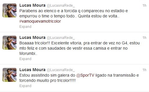 Em sua página pessoal, Lucas comemorou a vitória do São Paulo (Foto: Reprodução / Twitter) Em sua página pessoal, Lucas comemorou a vitória do São Paulo (Foto: Reprodução / Twitter)