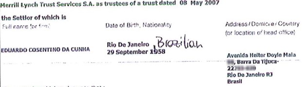 Documento de banco suíço com endereço de Eduardo Cunha no Rio de Janeiro (Foto: Reprodução)