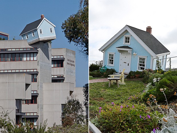 Obra do sul-coreano Do Ho Suh, 'Fallen star' é uma casa azul que quase 'cai' do prédio de engenharia da Universidade da Califórnia em San Diego (Foto: Lenny Ignelzi/AP)