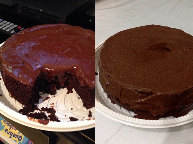 À esquerda, a primeira prova do bolo molhadinho e, ao lado, o bolo quase pronto para entrega (Foto: Divulgação)
