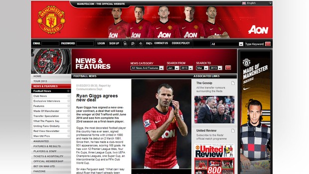 Reprodução site Manchester united Renovação de contrato de Ryan Giggs (Foto: Reprodução / Site Oficial do Manchester United)